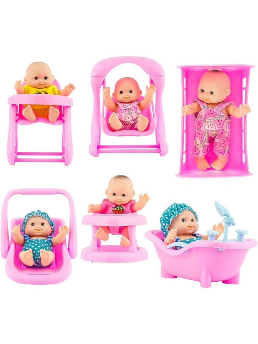 Mini Baby Doll Set with High Chair, Cradle, Walker & Accessories for Girls 3-6